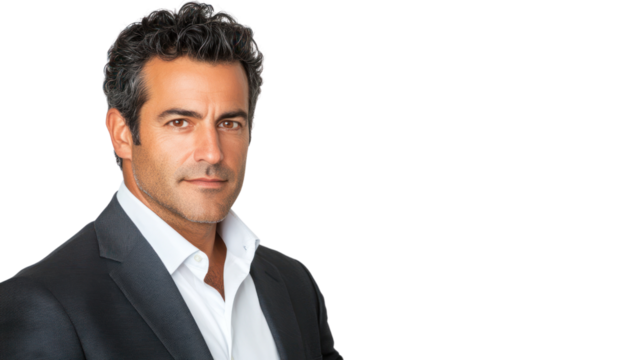 Confident businessman in a formal suit, presenting a professional image ideal for corporate branding and marketing. Captivating and engaging demeanor.