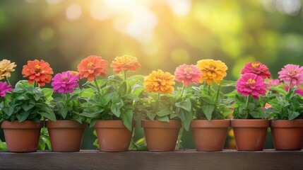 Fototapeta premium Bright zinnias blooming in small clay pots hanging on a garden fence.