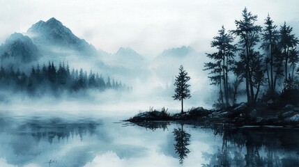 Misty lake reflecting mountains and trees.