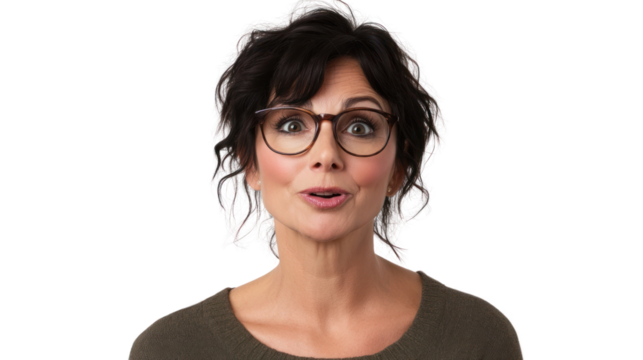 A surprised woman with glasses and curly hair, exuding curiosity and engagement, perfect for conveying emotions in various contexts.
