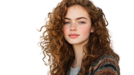 A portrait of a young woman with curly hair, exuding confidence and warmth. Perfect for themes of beauty, youth, and personal expression.