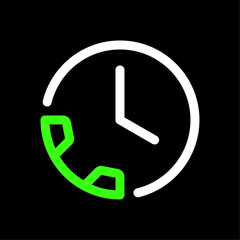 Clock and call button, phone call duration, call waiting vector icon in line style design for website, app, UI, isolated on black background. Editable stroke. Vector illustration.