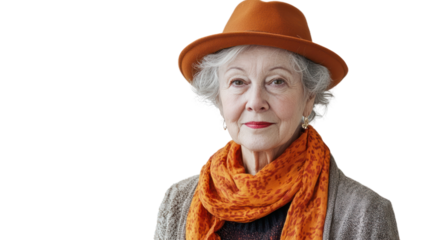 A dignified elderly woman wearing a stylish orange hat and scarf, showcasing grace and wisdom, perfect for themes of aging, fashion, and lifestyle.