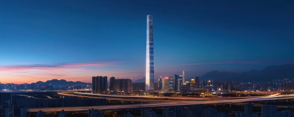 Obraz premium Skyline of the future: The majestic tower dominates the cityscape at twilight.