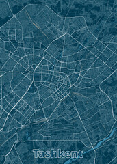 A detailed map of Tashkent, Uzbekistan, rendered in a minimalist style. The map features a dark blue background with white lines representing streets and roads.