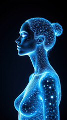 AI girlfriend illustrated with cosmic light and stars around her body, symbolizing intelligence and energy.