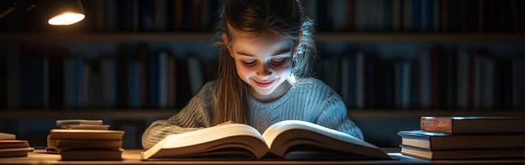 Smiling girl reading a book with globes and books surrounding her. Highlights education, imagination, and curiosity for stock use in learning and school themes.