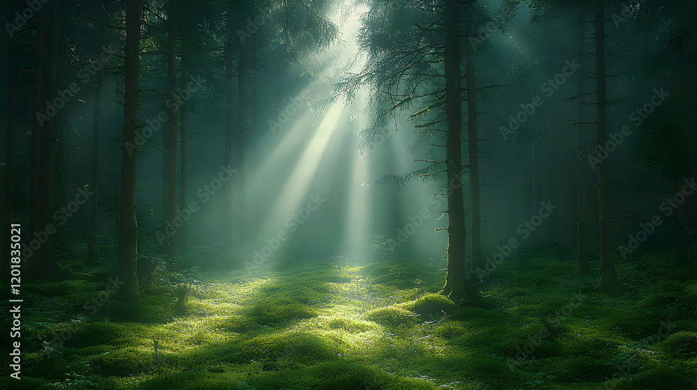 Poster sunbeams illuminate a mysterious foggy forest path