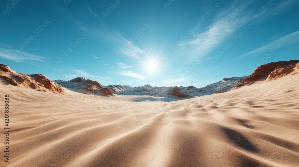 Poster a breathtaking view of pristine desert dunes under clear blue skies, highlighting the patterns and t