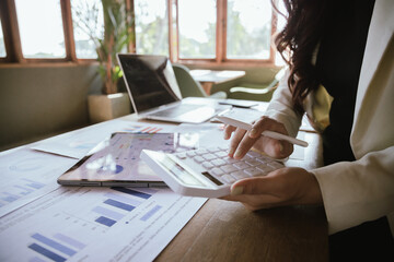 Businesswoman analyzing financial charts on laptop in modern office. This scene focuses on technology, strategy and professional planning.