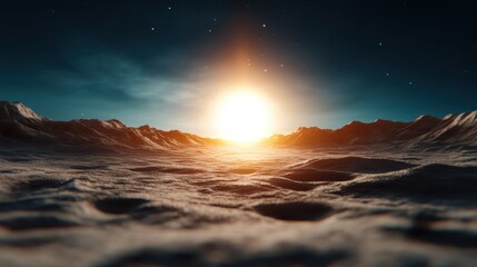 A cosmic landscape with a striking sunrise, featuring a textured terrain set against a starry backdrop, conveying wonder and the spirit of discovery.