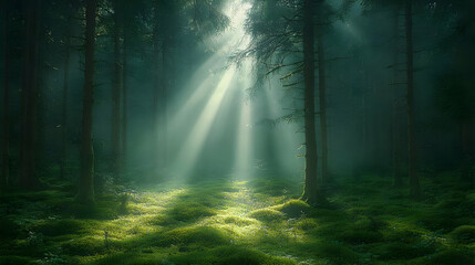 Obraz premium Sunbeams Illuminate a Mysterious Foggy Forest Path