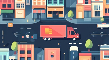 Obraz premium E-commerce delivery flat design top view modern urban logistics cartoon drawing vivid 