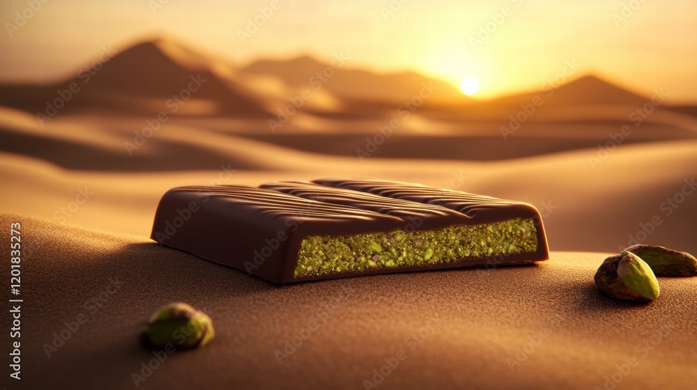 Poster chocolate bar with creamy pistachio paste filling resting in golden desert sand at sunset. generativ