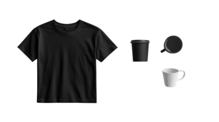 A stylish black t-shirt paired with a black coffee cup and a white mug, perfect for showcasing casual, everyday fashion and beverage choices.