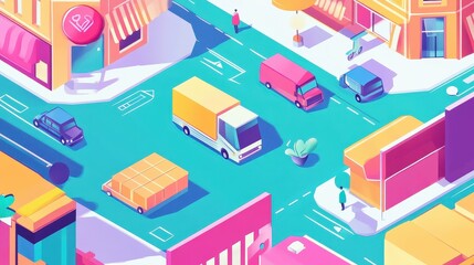 Obraz premium E-commerce delivery flat design top view modern urban logistics cartoon drawing vivid 