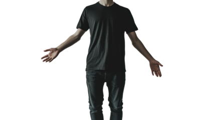 A casual individual in a black t-shirt and jeans appears with arms outstretched, symbolizing openness and vulnerability in a minimalist setting.