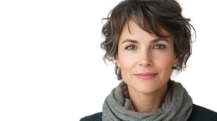 A confident woman with short hair smiles warmly, dressed in a cozy scarf. Her expression reflects a blend of strength and approachability in a relaxed setting.