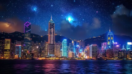 Obraz premium Night cityscape skyline with vibrant lights and starry sky.