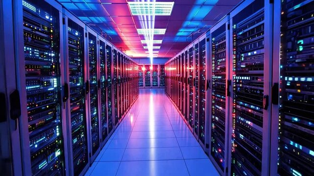 Data Center: A futuristic perspective of a server room, rows of towering server racks illuminated by vibrant neon blue and red lights, showcasing the power and complexity of modern technology.