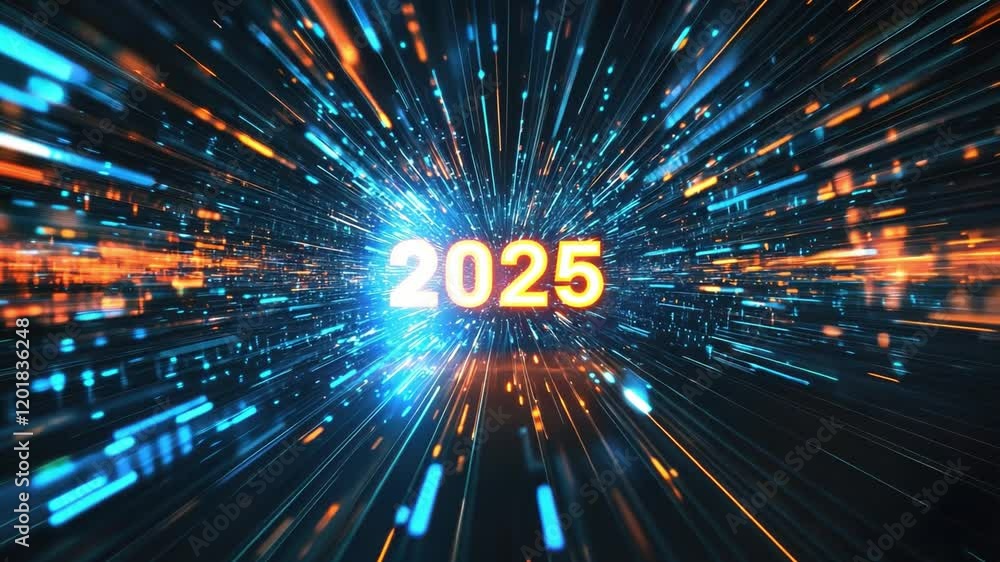 Poster entering 2025: a dynamic digital tunnel explodes with light streaks, showcasing the number 2025 in a