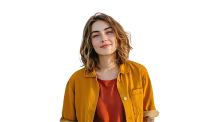 A young woman smiling confidently while wearing a stylish yellow jacket in a casual outdoor setting. Perfect for themes of positivity and self-expression.
