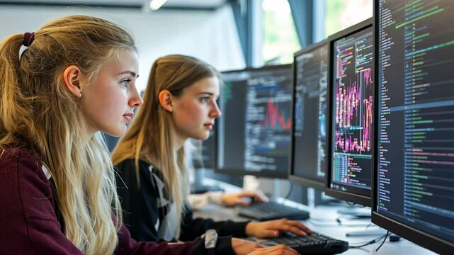A group of young women in a German engineering school, working on their computers and examining data visualizations displayed on multiple computer screens.