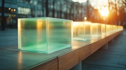 Glass cubes aligned symmetrically on a city bench, set against the warm ambient glow of a sunset, creating a modern yet timeless urban landscape art piece.