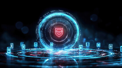 Fototapeta premium Zero-trust networking enforces security. Access is granted through strict policies. Digital Shield in Futuristic Cyber Security Concept Art