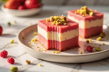 Layered strawberry and cream fudge squares topped with crushed pistachios on an elegant dessert plate against a marble background, food photography concept.