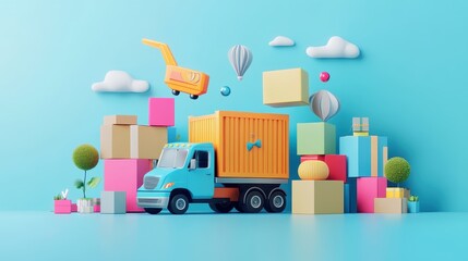 Fototapeta premium E-commerce logistics optimization flat design front view tech innovation 3D render complementary color scheme 