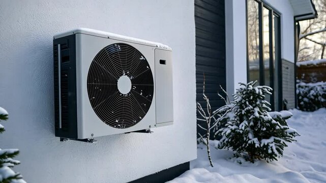 An air source heat pump on the wall of a modern house, during the winter season. Close-up shot, taken with a Canon EOS camera, in the style of a professional photographer.