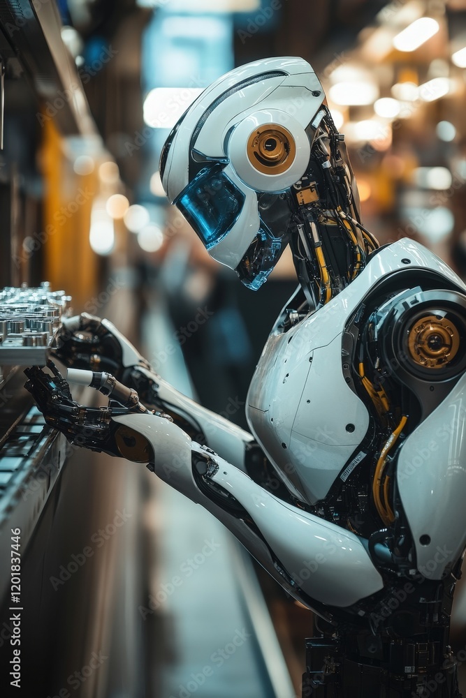 Poster a dynamic shot of a robotic arm assembling parts on a conveyor belt in an industrial setting