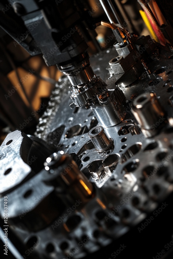 Poster a dynamic shot of a robotic arm assembling parts on a conveyor belt in an industrial setting