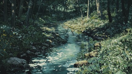 Obraz premium Sunlit stream flows through lush green forest. (3)