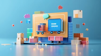 E-commerce logistics optimization flat design front view tech innovation 3D render complementary color scheme 