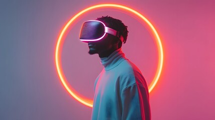 Engaging in virtual reality with neon lights illuminating the atmosphere