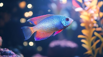 Fototapeta premium Bright gourami fish swimming in a fantastical sandybottom tank glowing with soft ambient light