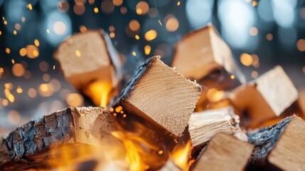 A close-up shot of burning wood logs, with glowing embers and flying sparks, capturing the intense warmth and energy of a roaring fire in the wilderness.