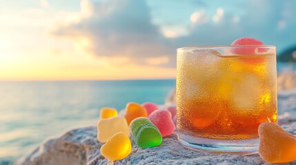 Obraz premium Bright jelly treats and colorful gummies next to a vintage cocktail glass with a coastal view