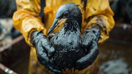 Volunteers rescue an oil-soaked bird, bringing attention to wildlife conservation and environmental responsibility.