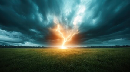 A powerful bolt of lightning slices through dark clouds, illuminating an expansive green landscape under a tumultuous sky, embodying nature's fierce spectacle.