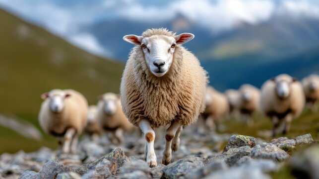Front-facing sheep confidently leads a group across rugged terrain with mountainous backdrop, encapsulating pastoral life and the journey of harmony in nature.