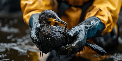 Volunteers rescue an oil-soaked bird, bringing attention to wildlife conservation and environmental responsibility.