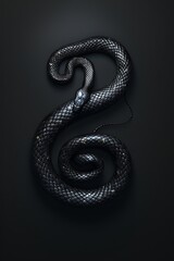 Fototapeta premium Coiled Black Snake Against Dark Backdrop Detailed Reptile On Black Surface Isolated View