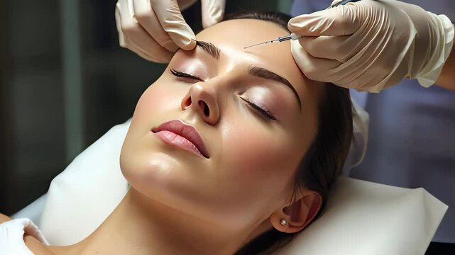 Beautician injecting hyaluronic acid into forehead of young woman. Beauty concept