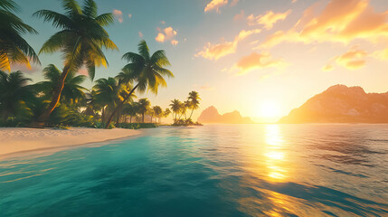 Breathtaking sunset over a tranquil tropical beach with palm trees and water reflections