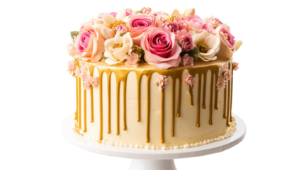 A beautifully decorated cake adorned with pink and white roses, featuring golden drip icing. Perfect for celebrations and special occasions.