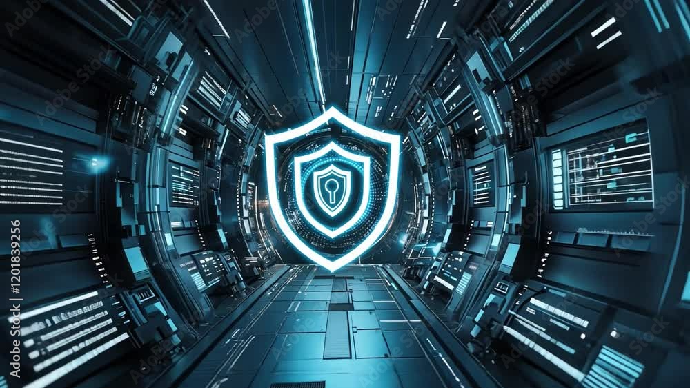 Poster cyber security gateway: a futuristic and abstract 3d rendering of a glowing white shield, positioned