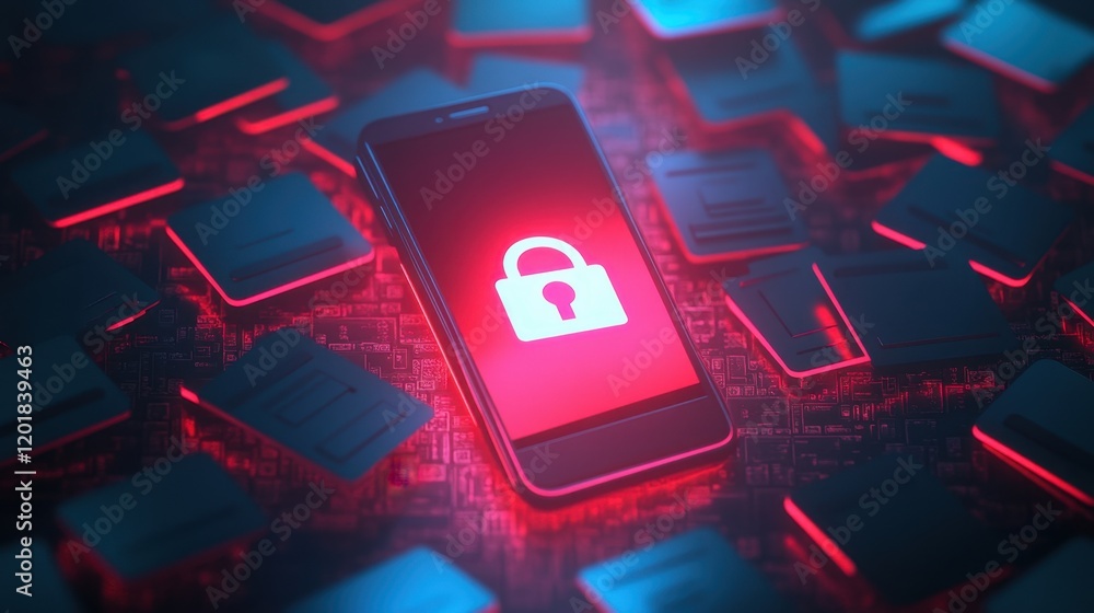 Poster a smartphone displays a lock symbol, surrounded by glowing red circuitry, symbolizing digital securi